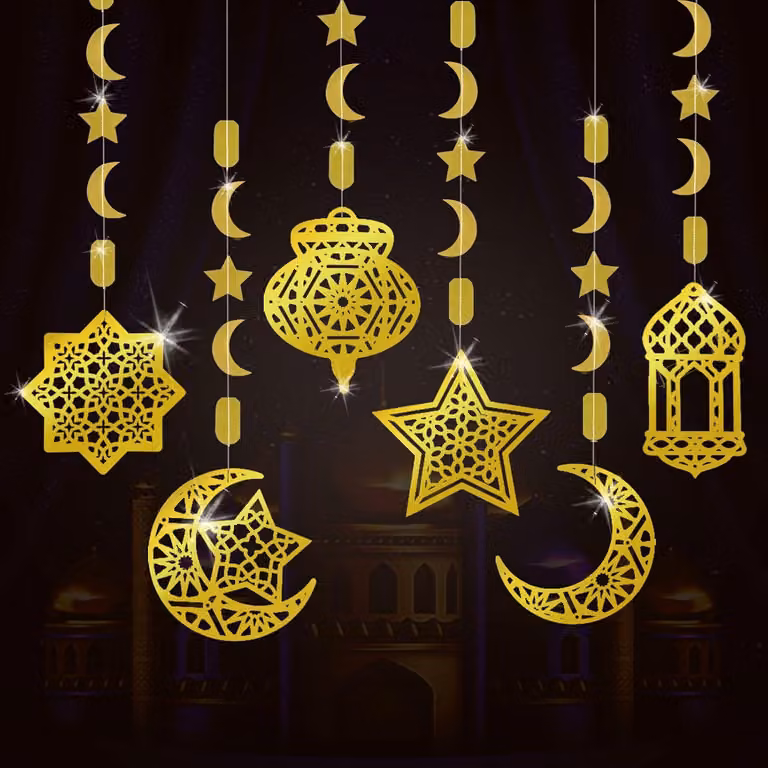 "Eid Mubarak" - Zestaw 6 dekoracji do zawieszenia w domu, wstępnie zawiązanych, w kolorze złotym, przedstawiających gwiazdę, księżyc i lampiony, idealne na Ramadan