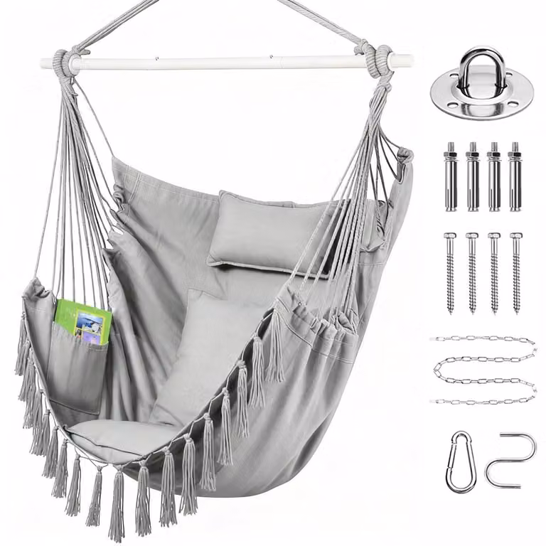 Krzesło wiszące - XXL, 150 x 130 cm - Materiał: bawełna - Kolor: szary - Zestaw zawiera: 2 poduszki siedziskowe i 1 poduszkę pod głowę - Idealne do sypialni i tarasu - Z kieszeniami bocznymi