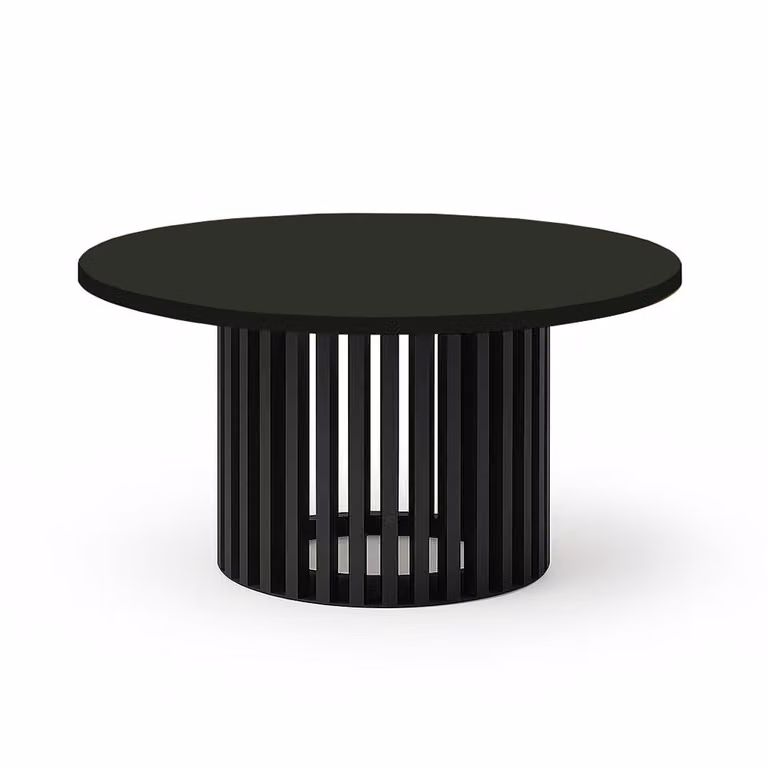 Stolik kawowy okrągły, czarny, model DOVER, średnica 60 cm, z konstrukcją z lameli – minimalistyczny i ponadczasowy