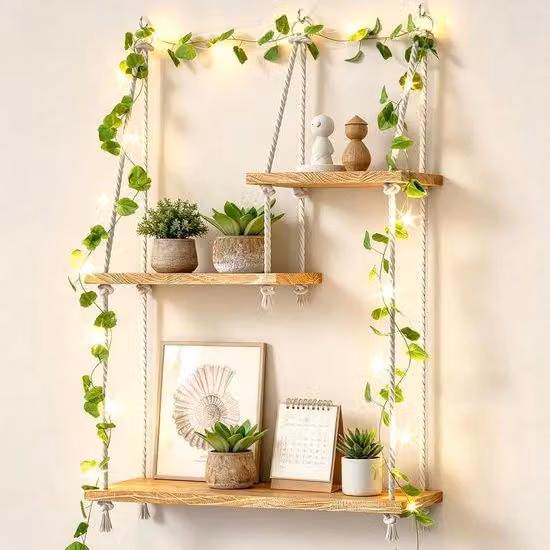 Półka ścienna z drewna z plecionką makramową, z trzema poziomami, ozdobiona bluszczem, idealna do roślin sukulentów, dekoracja w stylu boho, do salonu, kuchni lub biura