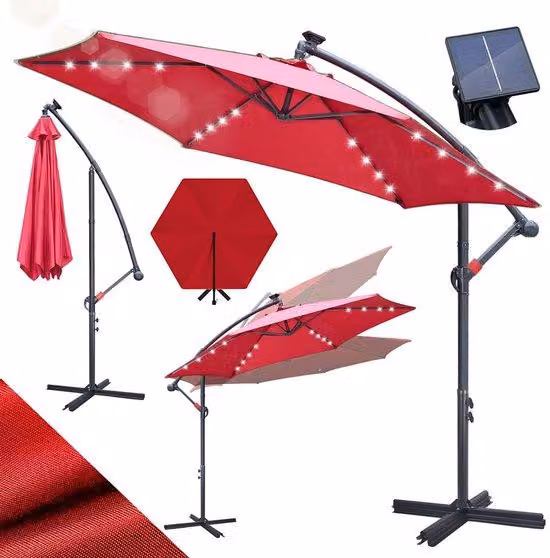 Lustro słoneczne z oświetleniem LED – średnica 300 cm – w zestawie podstawa krzyżakowa + osłona przeciwwiatrowa – ochrona UV50+ UPF 50+ – regulowane nachylenie dla optymalnego zacienienia – wodoodporna tkanina z wentylowanym dachem – kompaktowy system skł