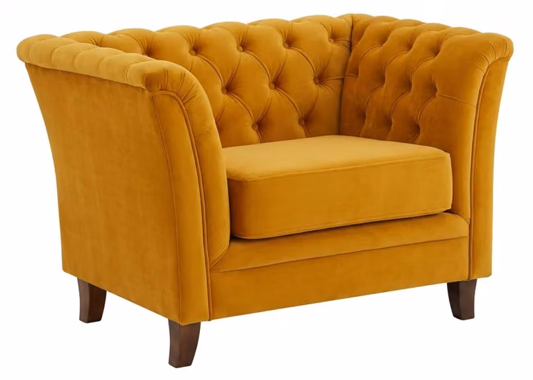 Zestaw mebli do salonu w kolorze ciemnożółtym, składający się z sof: trzyosobowej, dwuosobowej i jednoosobowej. Sofy typu Chesterfield, pikowane
