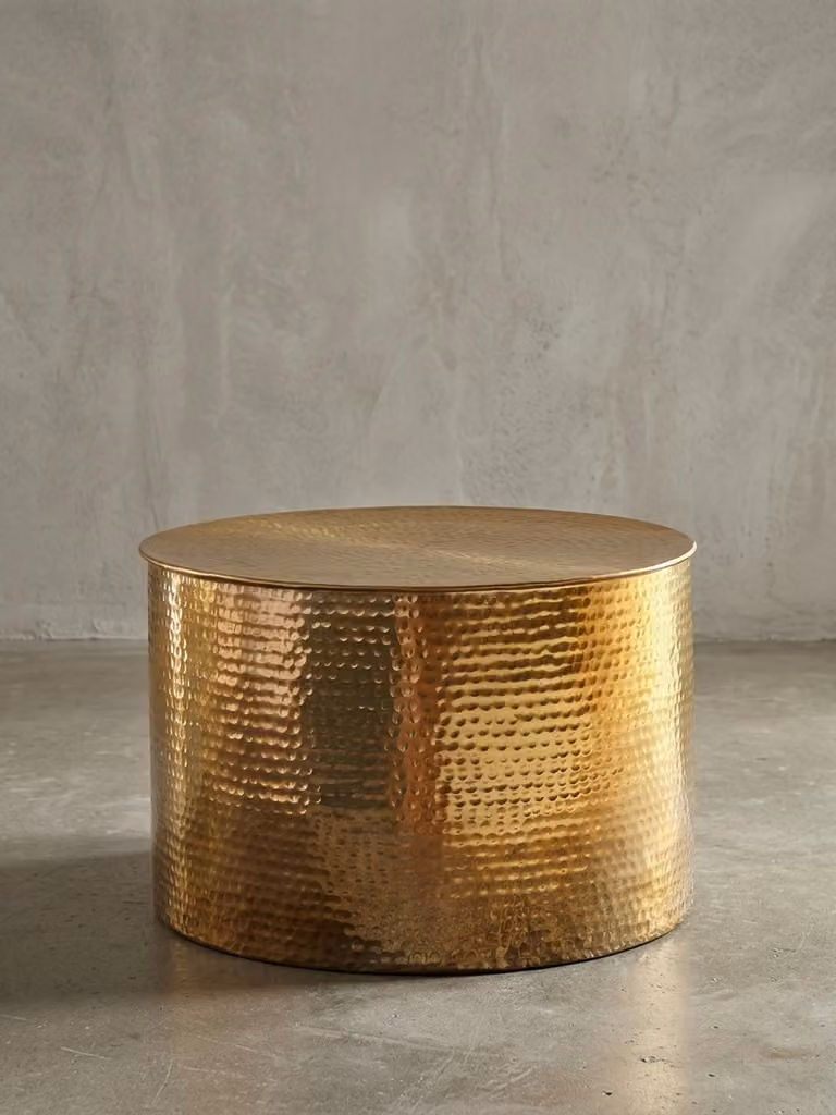 Stolik kawowy 61 x 40,5 x 61 cm aluminiowy złoty stolik boczny orientalny okrągły, płaski młotkowany metalowy stolik do sofy, designerski stolik do salonu nowoczesny, stolik do salonu indyjski stolik do salonu