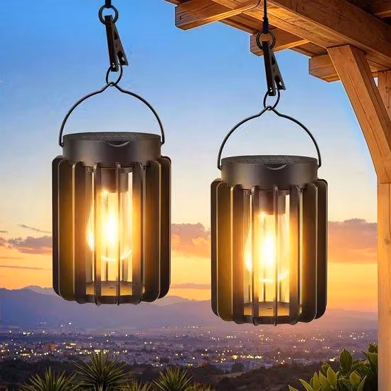 Lampy solarne zewnętrzne z dużą żarówką LED, 2 sztuki, wiszące lampy solarne, wodoszczelne (IP65), idealne do ogrodu, tarasu, balkonu, trawnika, a także do użytku wewnętrznego