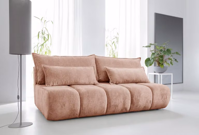 Sofa rozkładane MARCO, wymiary: 202 x 110 x 92 cm, powierzchnia spania: 200 x 154 cm, sofa tapicerowana z poduszkami, nowoczesna sofa do salonu, kolor: różowy
