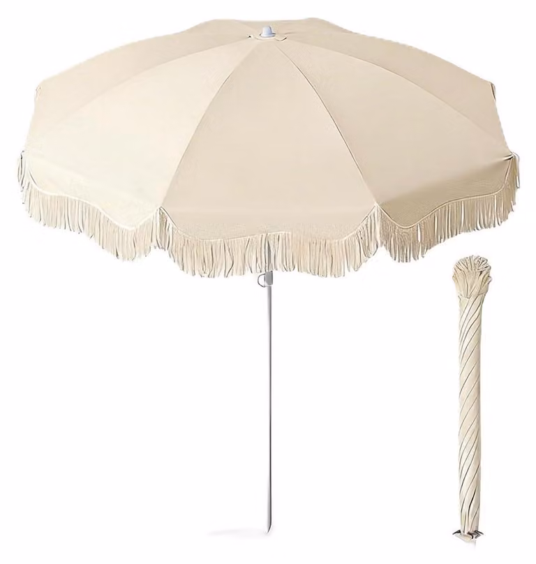Parasol 150 cm, styl boho, z frędzlami, kolor beżowy/morelowy, wodoodporny, ochrona UV 50+