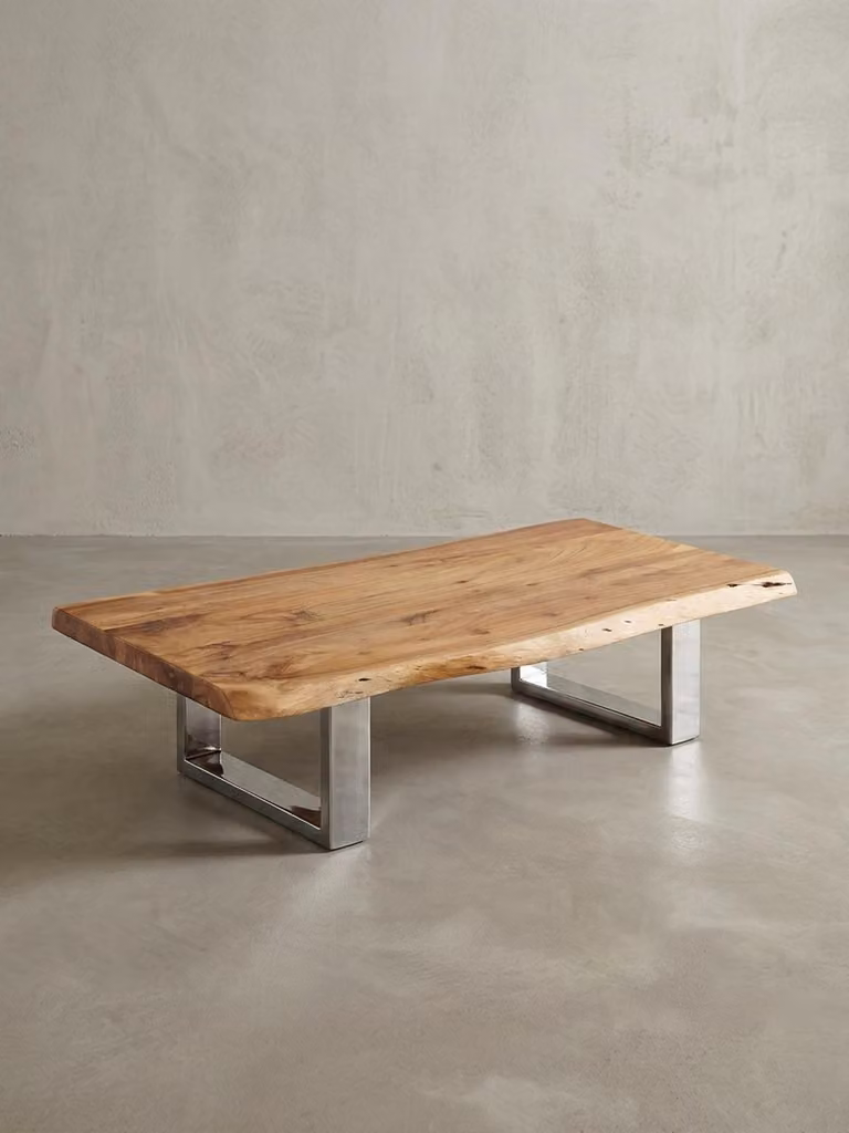 Stolik kawowy 115 x 25 x 58 cm akacja lite drewno metalowa rama duży, pień drzewa stół do salonu lite drewno brązowy, drzewo krawędź sofa stół wiejski dom drewniany stół, stół do salonu salon stół
