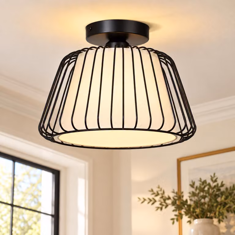 Lampa sufitowa, średnica 30 cm, czarna, w stylu retro, z żarówką LED E27, wykonana z żelaza, idealna do przedpokoju, salonu, sypialni, korytarza, restauracji, hotelu, sklepu, kawiarni. Emituje ciepłe, białe światło