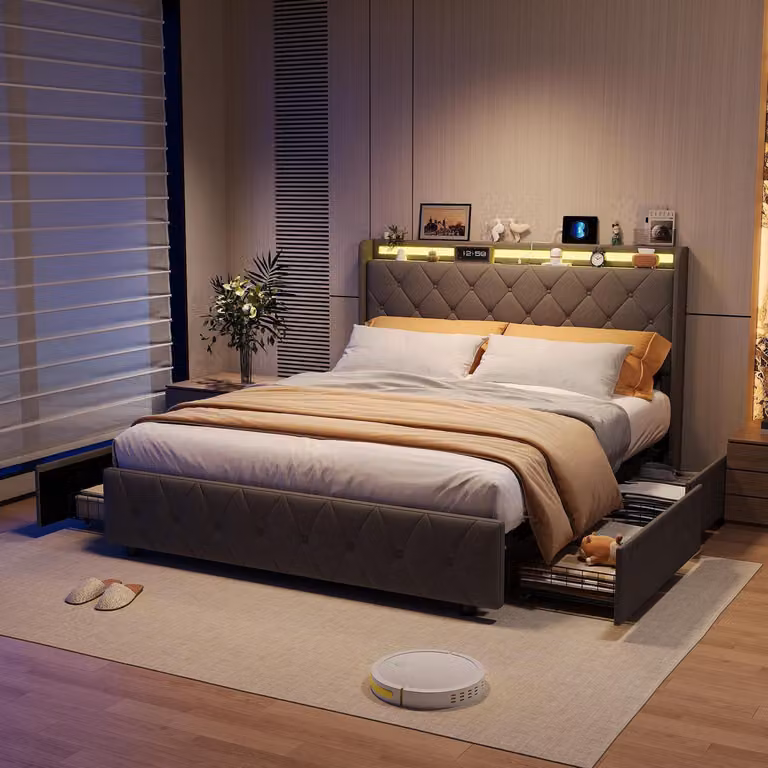 Łóżko kontynentalne, podwójne, 160x200 cm, z podświetleniem LED i portami USB, 4 szuflady, stelaż łóżkowy, kolor: szary