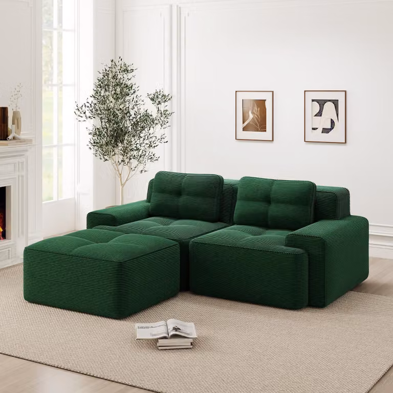 Modułowa sofa Boneless, nowoczesna, w kształcie litery L, idealna do salonu, z głębokim siedziskiem, wygodna sofa obita tkaniną przypominającą aksamit, z podnóżkiem