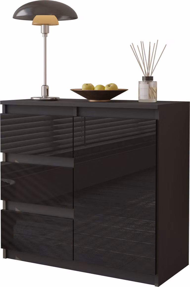 FURNICA - MIKEL - Komoda / kredens z 3 szufladami i 1 drzwiczkami - antracyt / czarny połysk wys. 75cm szer. 80cm gł. 35cm