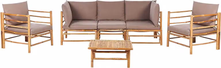 BELIANI Zestaw mebli ogrodowych jasnobrązowy bambusowe 5-osobowy beżowoszary poduszki sofa fotele stolik styl Boho do ogrodu na patio