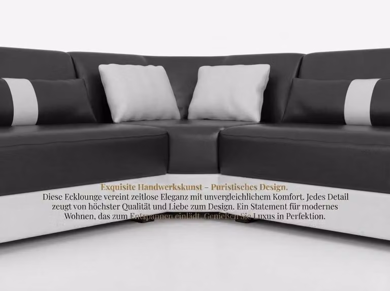 Nowoczesny zestaw do salonu: czarna narożna sofa, stolik kawowy, drewniany design, styl nowoczesny
