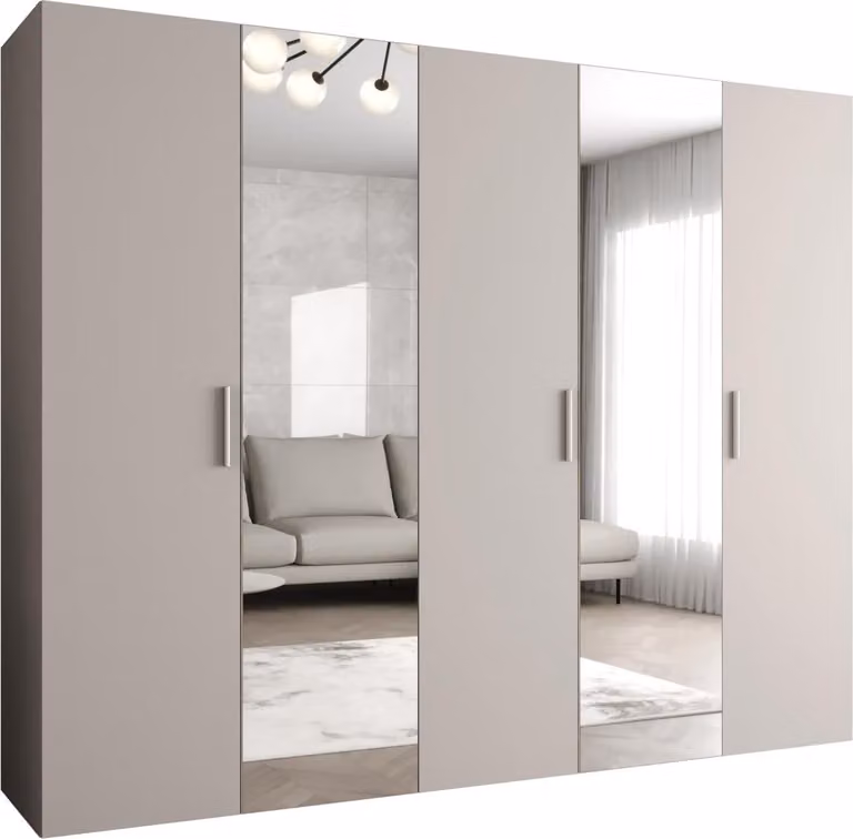 MEBLE KRYSPOL Szafa 250x202x52 cm z drążkiem na ubrania i lustrem, 5 drzwi, BARI, kaszmir, uchwyt srebrny