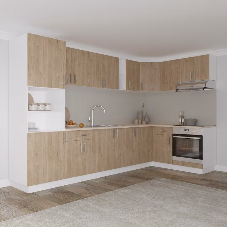 Komplet kuchenny narożny V35, drewno naturalne/biały, blat termoformowany o grubości 28 mm, wymiary: szerokość 320 cm, głębokość 160 cm
