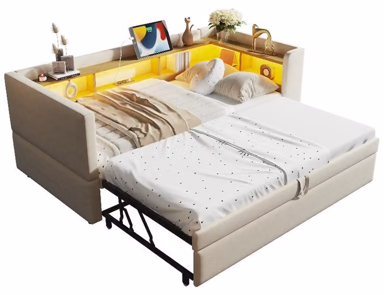 Rozkładana sofa do spania o wymiarach 90/180x190 cm, w kolorze beżowym, wyposażona w oświetlenie LED, gniazdka elektryczne i schowki, idealna do sypialni