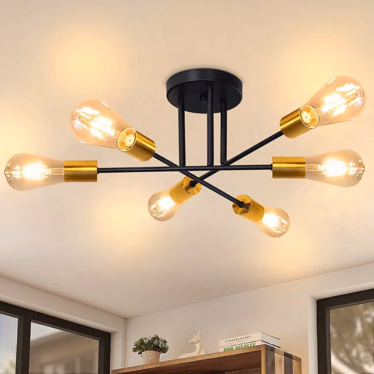 ZMH lampa sufitowa vintage 6 płomieni czarna złota lampa sufitowa industrialna retro E27 do salonu sypialnia metal (bez żarówki)