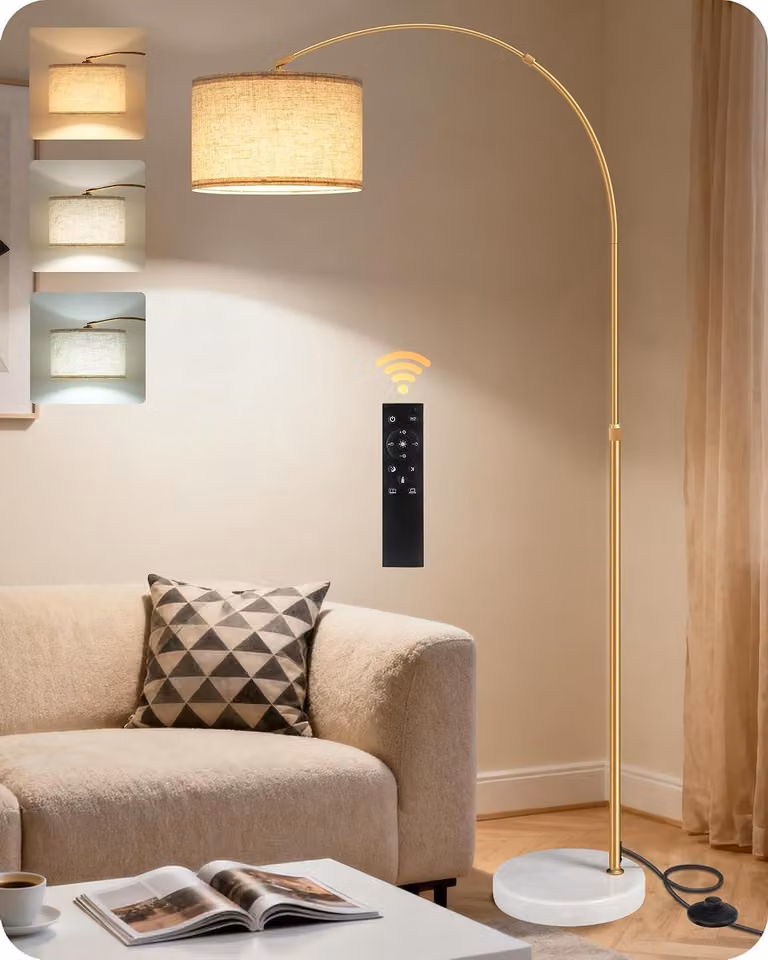 Lampa stojąca – lampa łukowa, regulowana – oświetlenie salonu – obrotowa głowica – 158-188 cm – beżowo-złota