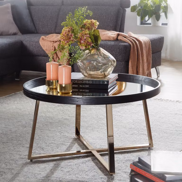 Stolik kawowy FineBuy Design, okrągły, średnica 78 cm, w kolorze ciemnego złota, z szklanym blatem i czarną metalową podstawą. Duży stolik pomocniczy do salonu