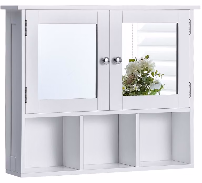 Szafka pod umywalkę ze lustrem - Dwudrzwiowa - Biała - 50 x 60 x 14 cm - Do montażu na ścianie