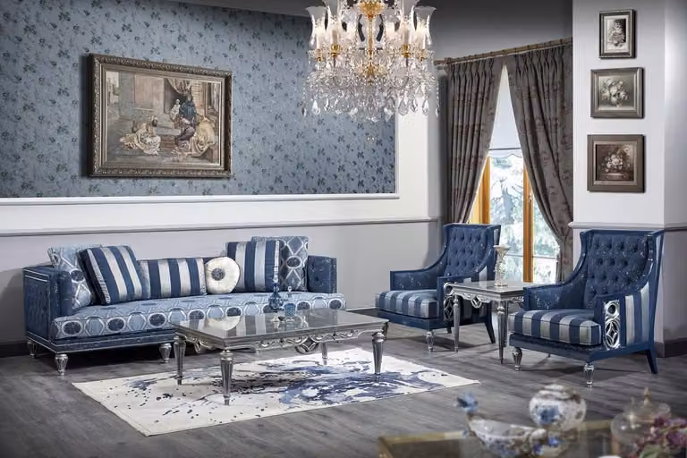 Casa Padrino zestaw do salonu w stylu barokowym ciemnoniebieski / jasnoniebieski / srebrny - Sofa i 2 fotele i stolik kawowy - Meble do salonu w stylu barokowym