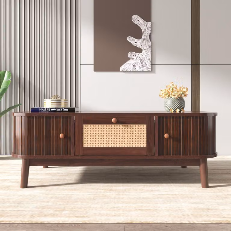 Stolik kawowy w stylu wiejskim, 110 x 55 x 38,5 cm - Stolik kawowy z szufladami i drzwiczkami wykonany z rattanu - Brązowy