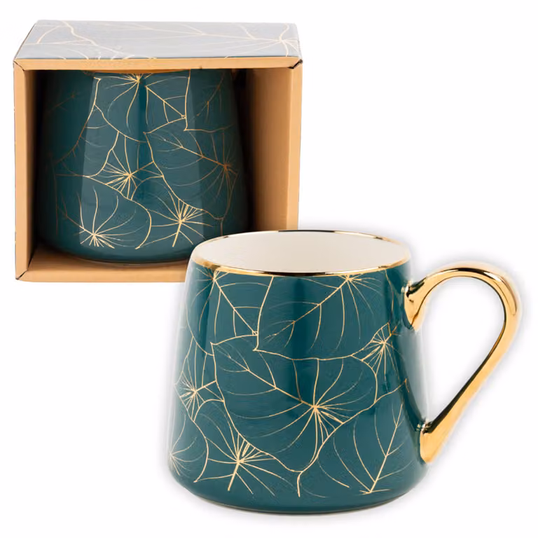 Złocony kubek z porcelany z wzorem liści w opakowaniu prezentowym 550 ml