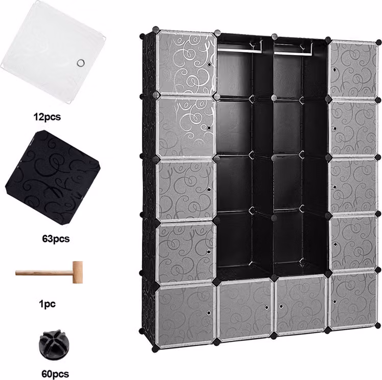 Bettizia 20 pudełek System regałowy do samodzielnego montażu Szafa na ubrania Szafa wnękowa Regał modułowy 142x37x180 cm Czarno-biały
