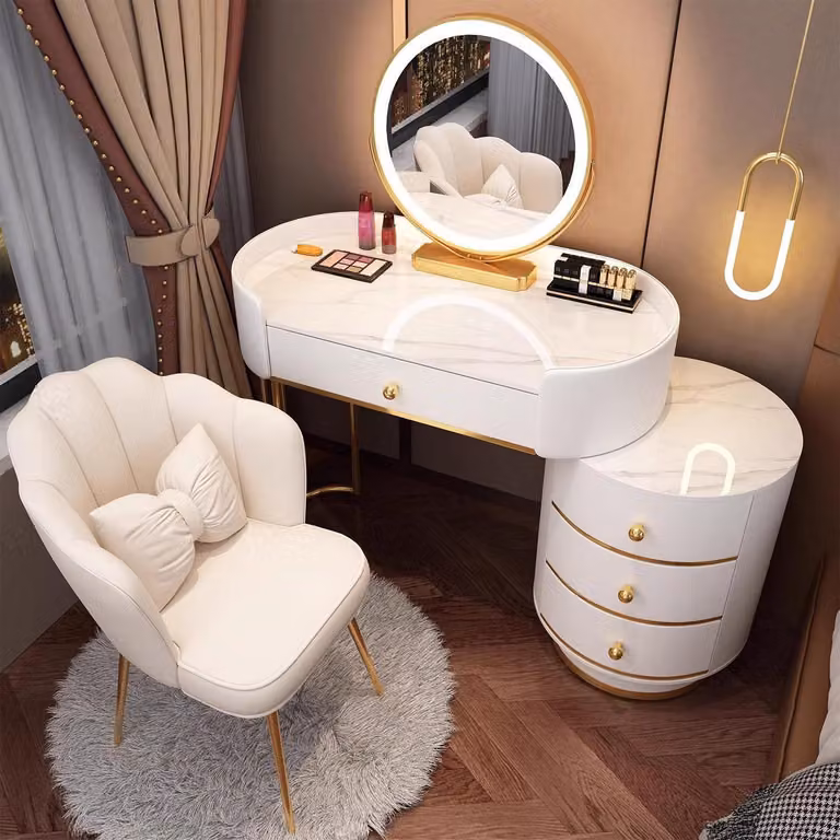 Komplet toaletka z litego drewna z blatem z granitu i lustrem, 5 szuflad, kolor biały, wymiary 80 cm