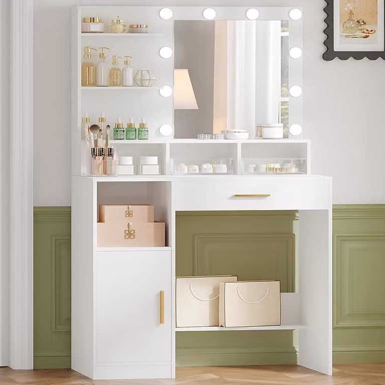 Toaletka z lustrem - Mebel do makijażu - Stół do nakładania makijażu - Regulowane oświetlenie LED - Szerokość 80 cm - Biały