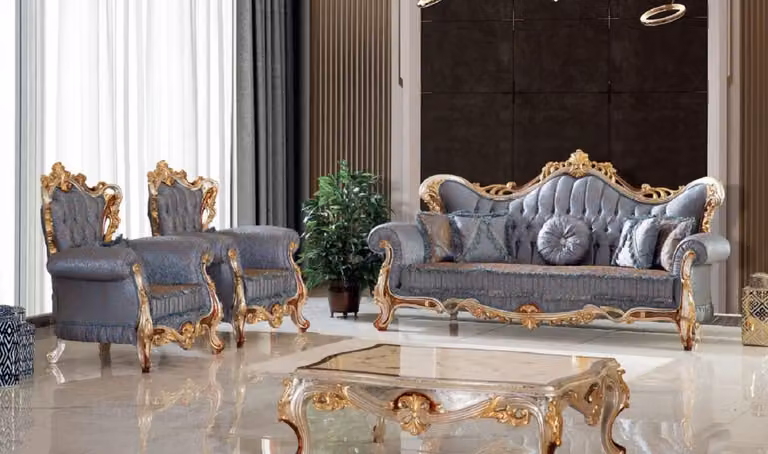 Casa Padrino barokowy zestaw do salonu niebieski / miedziany / srebrny / brązowy / złoty - 2 sofy i 2 fotele i 1 stolik kawowy - Ręcznie robione meble do salonu w stylu barokowym - Szlachetny i wspaniały
