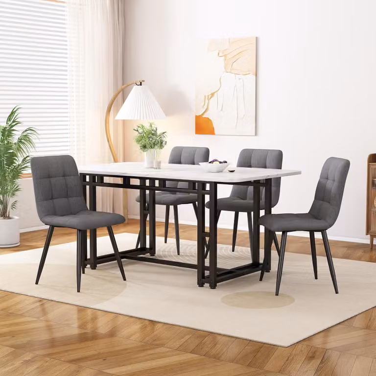 Czarny stół do jadalni Sweiko 120x70 cm z zestawem 4 krzeseł, nowoczesny zestaw kuchenny do jadalni, ciemnoszare lniane krzesło do jadalni, czarny stół z żelaznymi nogami