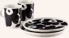 Zestaw śniadaniowy Marimekko Oiva/Unikko, 4-osobowy, ceramiczny, czarno-biały, wzór kwiatowy