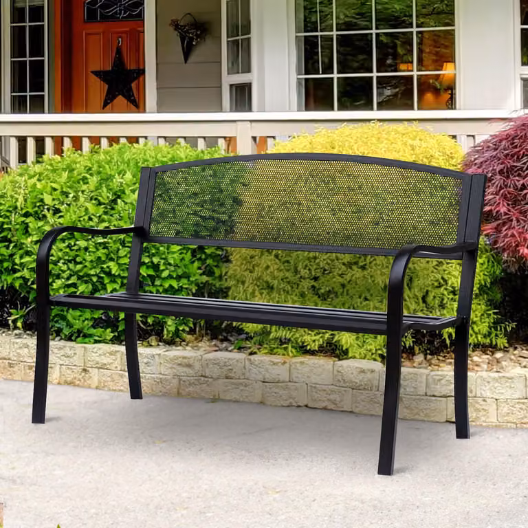 Ławka ogrodowa dwuosobowa, ławka parkowa ze stali malowanej proszkowo, wzór kratki w stylu antycznym, czarna | 127 x 60 x 87 cm | nośność do 280 kg | odporna na warunki atmosferyczne