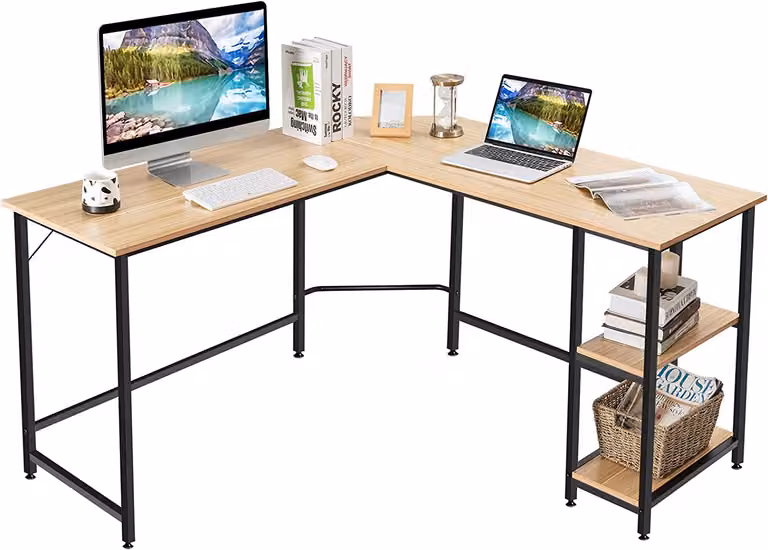 COSTWAY Biurko w kształcie litery L, biurko narożne 137x137x75,5cm, biurko komputerowe, biurko biurowe z 2 półkami i podnóżkiem, biurko oszczędzające miejsce, natura