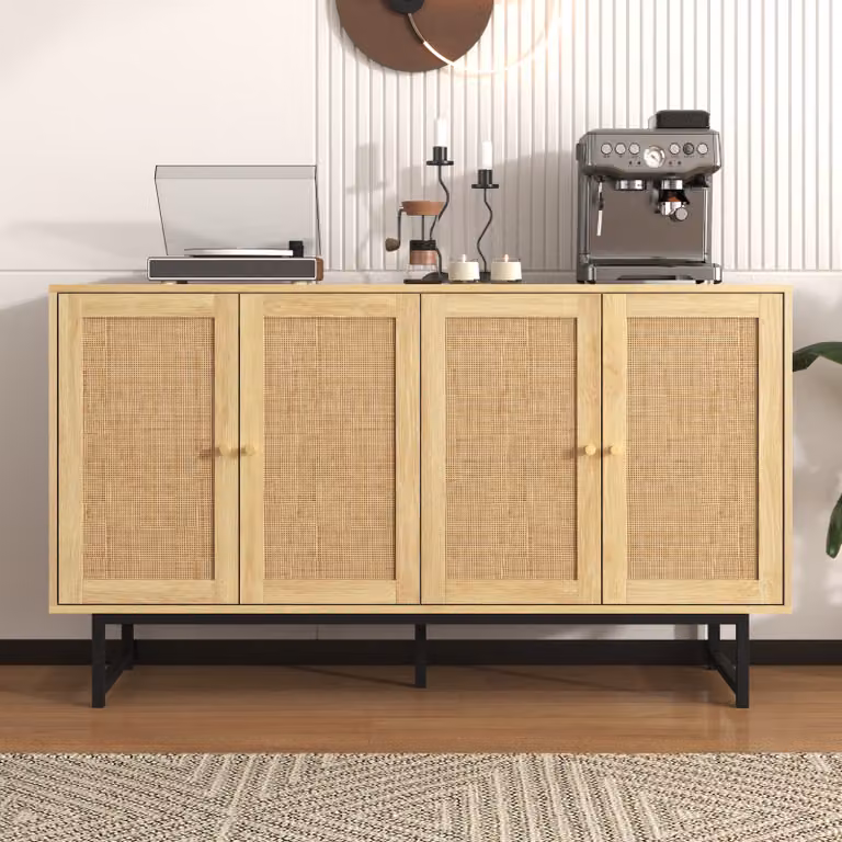 Kredens Flieks z prawdziwą rattanową wikliną, szafka z 4 drzwiami, szafka do przechowywania w stylu wiejskim, kuchnia, salon, kolor drewna