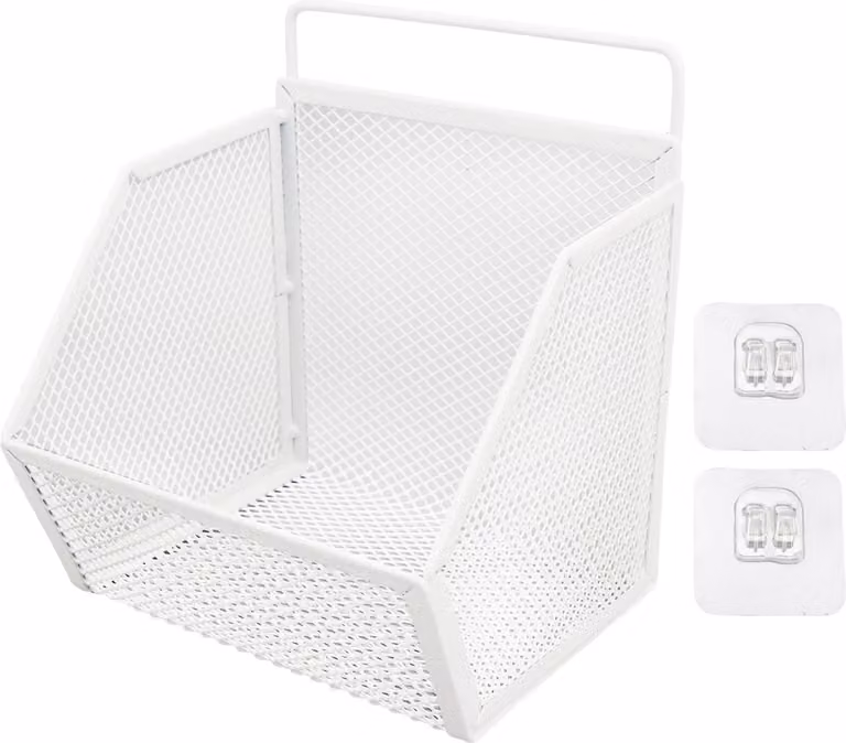 Wiszący kosz druciany 13.2x10x15cm samoprzylepny metalowy mały schowek do kuchni łazienki sypialni biały biały