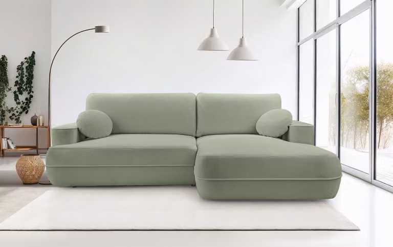 DomoHome Sofa narożna FUEGO 260x168 cm jasnozielona prawa strona z funkcją spania 140x240 cm, skandynawski design, sofa z pojemnikiem na pościel, tkanina bąbelkowa, nowoczesna sofa do salonu