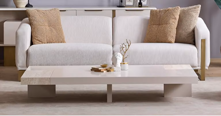 Zestaw do salonu: 4-osobowa sofa i stolik kawowy w stylu japandi – nowoczesny