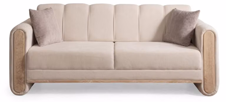 Beżowa sofa, zestaw sof, sofy obite tkaniną, designerskie sofy, nowoczesny salon