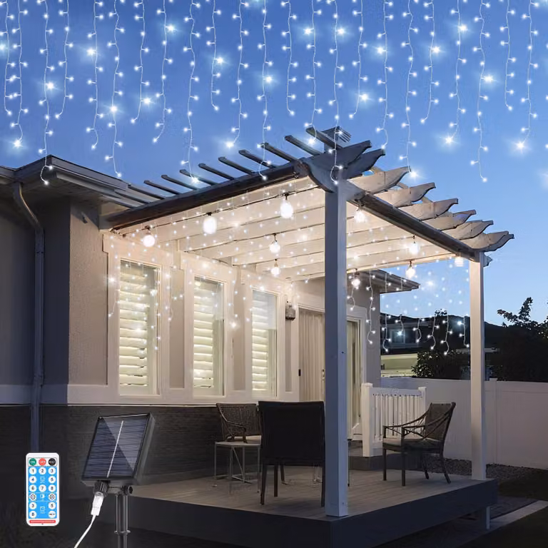 Łańcuch świetlny solarny LED ISOISL 5M, przeznaczony do użytku zewnętrznego, wodoodporny, z efektami "śniegu", 200 diod LED, dekoracyjny "śnieżny" wodospad świateł, z pilotem, do użytku wewnątrz i na zewnątrz, idealny do dekoracji ogrodu, kolor: biały (zi