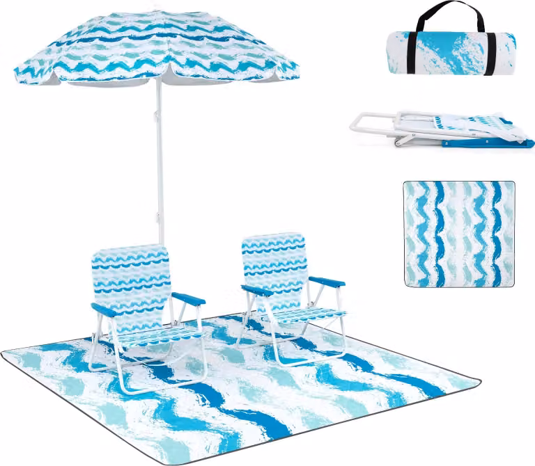 Zestaw KOMFOTTEU z 4 elementami wyposażenia plażowego, 2 pięści, 1 dywanik, 1 parasol 175 cm, składane krzesło, nośność 150 kg, parasol uchylny, regulacja 30°, z torbą do przechowywania, mata plażowa (niebieska)