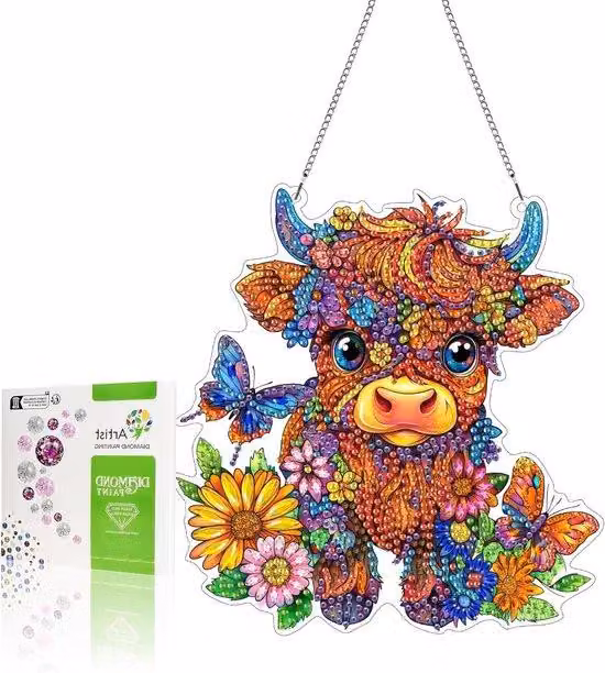 Zestaw do samodzielnego tworzenia obrazu diamentowego "Byk" w technice 5D, z zawieszką i łańcuszkiem. Dekoracja zwierzęca do zawieszenia na drzwiach, oknach i w ogrodzie. Kreatywna dekoracja ścienna i element wystroju wnętrz