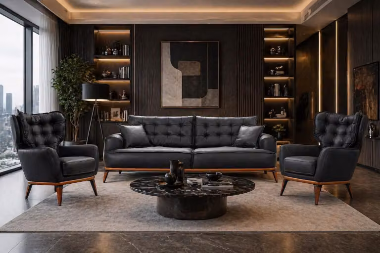 Komplet wypoczynkowy: 3-osobowa sofa, fotel, skóra, nowoczesny design, ciemnoniebieski kolor, nowe poduszki