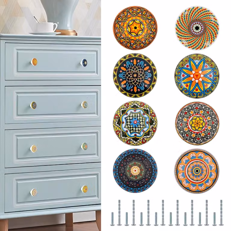 Zestaw 8 ceramicznych uchwytów do szafek, styl boho, vintage, uchwyty do mebli
