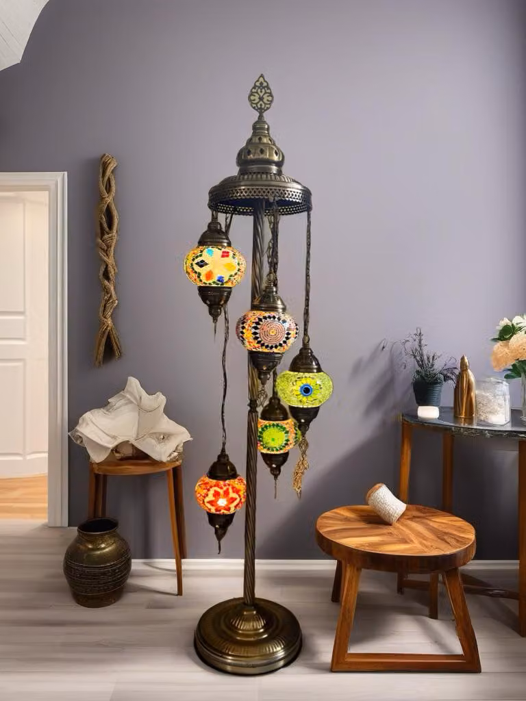 Turecka lampa stojąca z 5 ręcznie wykonanymi mozaikowymi kulkami szklanymi – kolorowa lampa do salonu – wysokość 120 cm