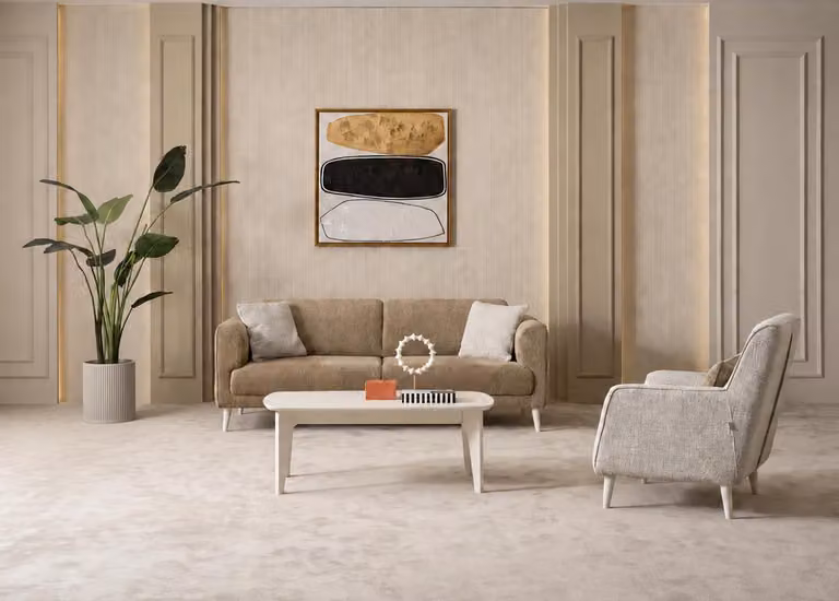 Komplet wypoczynków do salonu. Elegancki minimalizm. Nowoczesny design. Materiałowa obudowa