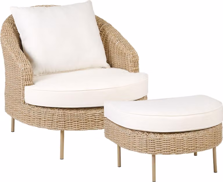 BELIANI Fotel ogrodowy z podnóżkiem naturalny odcień biała poducha technorattan boho design meble zewnętrzne