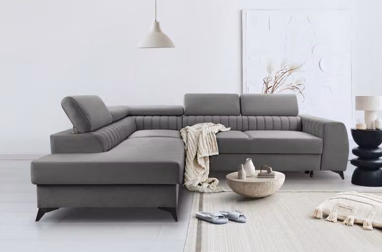 BREGO Graphite narożnik w kształcie litery L 270x202 cm lewa strona - Sofa rozkładana z podstawą do spania, Regulowane zagłówki, Tkanina Zetta, Nowoczesny design, Wolnostojąca, Wygodny narożnik tapicerowany