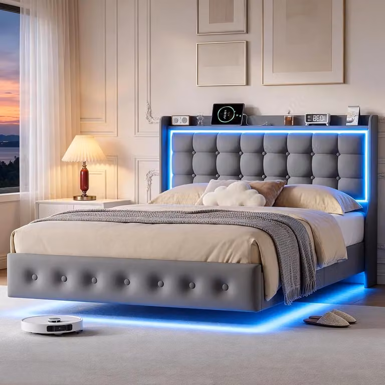 Rama łóżka zawieszana - Łóżko obite tkaniną - Dekoracja do sypialni - Z oświetleniem LED i portami USB - 140 x 200 cm - Szary